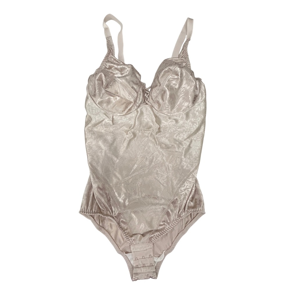 Vintage 90s Bodysuit 34D Champagne Lace Up Satin Lingerie Romantic Vanity Fair
